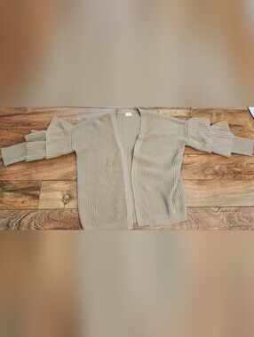 O & O Beige Oversized Ribbed Open-Front Cardigan With Multi Tier Ruffles ,size S